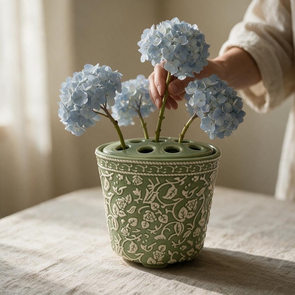 Better Homes and Gardens Sage Green Ceramic Floral Frog Vase Home Interiors